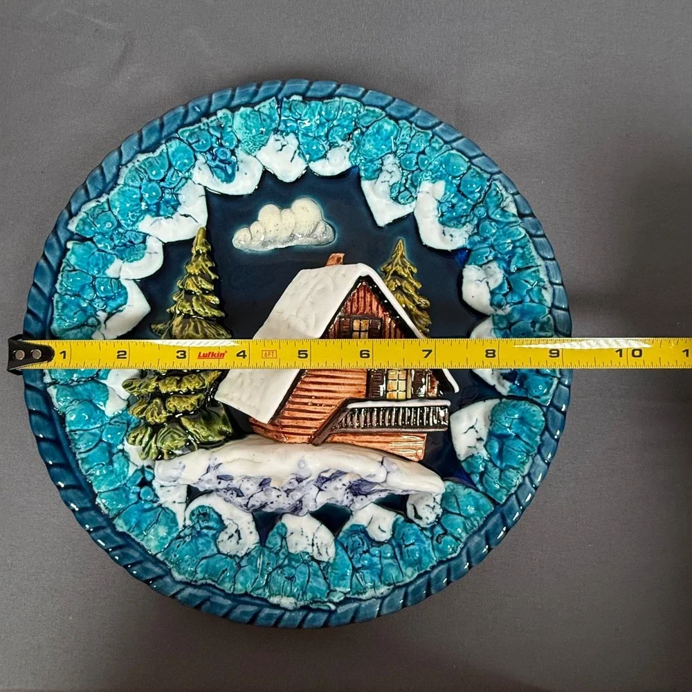 Vintage 3D Ceramic Cabin Winter Scene Wall Plate Decorative‎ Collectible Art